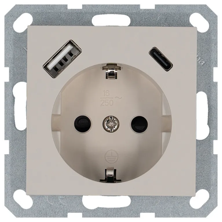 Розетка SHUKO с USB A+C с защитными шторками 16A 250V 2P+T USB 25W, цвет Тауп Jasmart G5501USB-25T