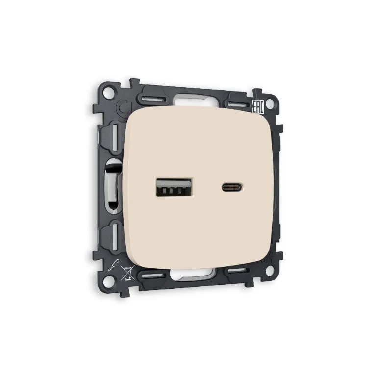 Комплект механизма розетки 2USB A+C 20W (быстрая зарядка) Ambrella Volt Omega MO331010