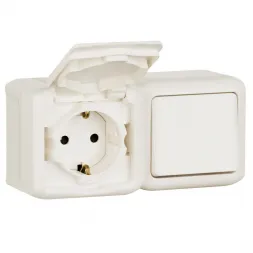 Блок выключатель одноклавишный и розетка 2К+З Legrand Quteo 16A 250V с/з со шторками крышкой IP44 бе