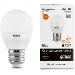 Лампа светодиодная Gauss E27 6W 3000K матовая 53216
