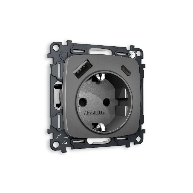 Комплект механизма розетки 2USB A+C 20W (быстрая зарядка) с/з Ambrella Volt Omega MO660010