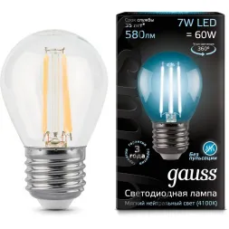 Лампа светодиодная филаментная Gauss E27 7W 4100К прозрачная 105802207