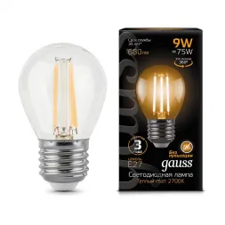 Лампа светодиодная филаментная Gauss E27 9W 2700K прозрачная 105802109