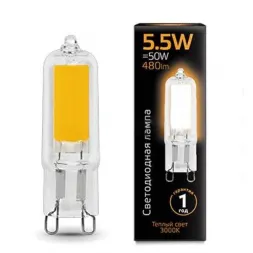 Лампа светодиодная Gauss G9 5.5W 3000K прозрачная 107809105