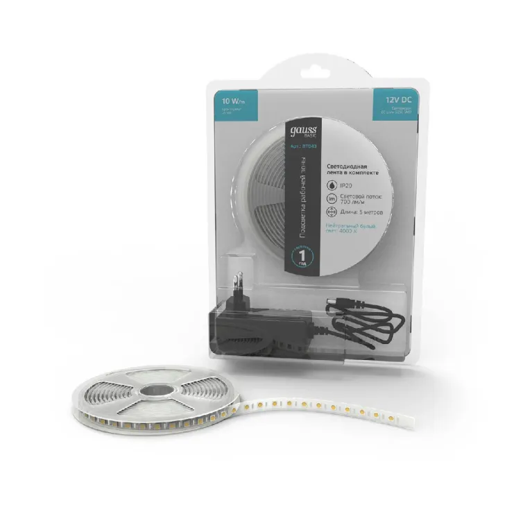 Светодиодная лента Gauss Basic 12В 5050 10Вт/м 4000K 5м IP20 BT043