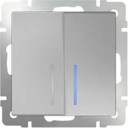 Выключатель двухклавишный проходной с подсветкой серебряный WL06-SW-2G-2W-LED 4690389053887